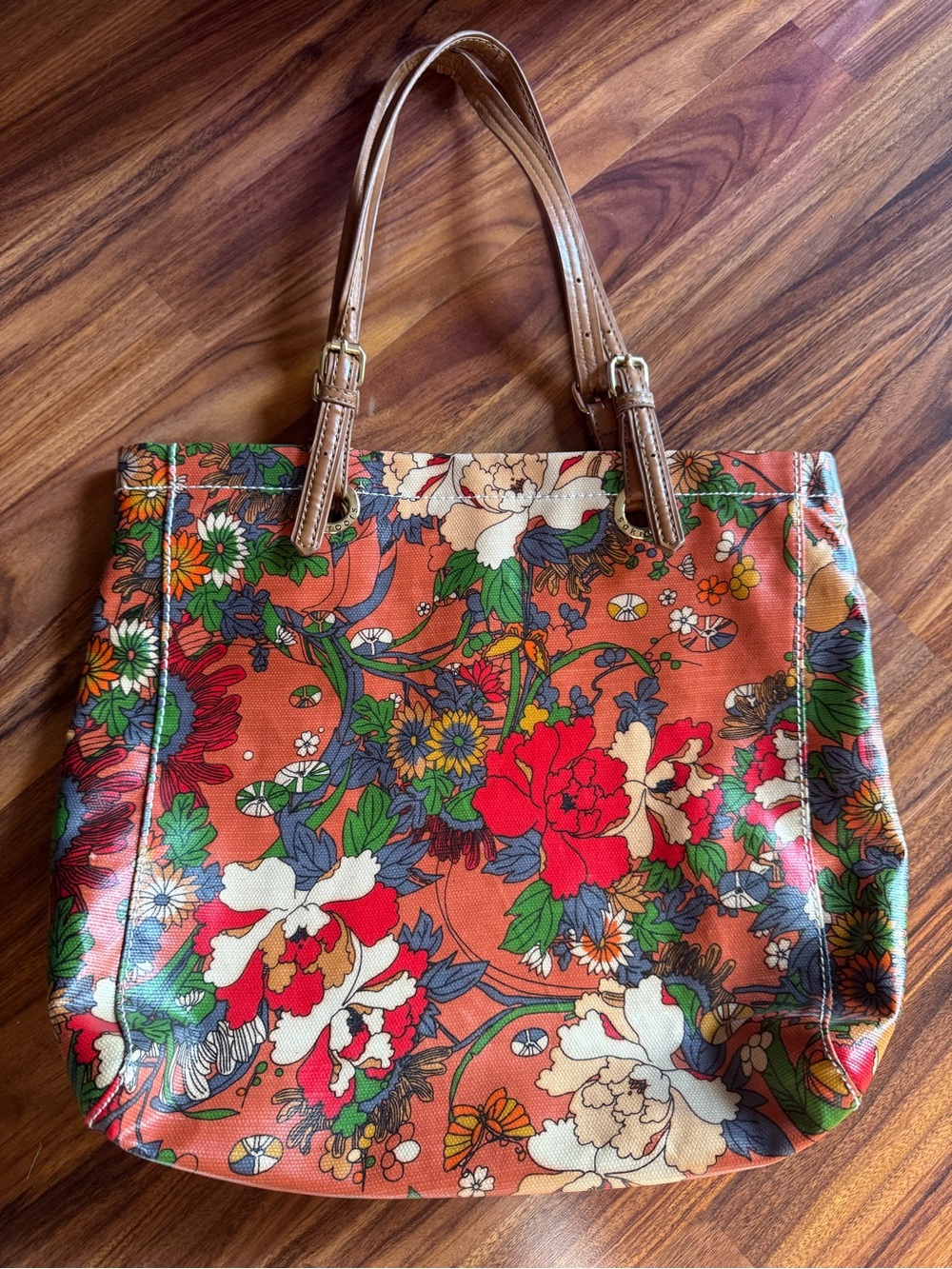 Sakroots Coated Floral Tote Bag Orange Red Brown Buckle Handles Purse EUC